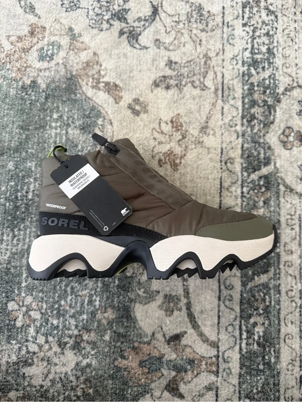 SOREL Kinetic Impact Puffy Zip Waterproof Boots Stone Green Size 6 NWT